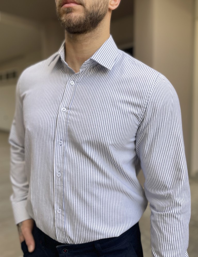 Ανδρικό πουκάμισο με γιακά λευκό με μπλε ρίγα 2097B φωτογραφία